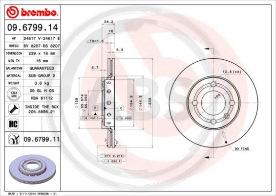 A.B.S. 09.6799.11 - Тормозной диск autospares.lv