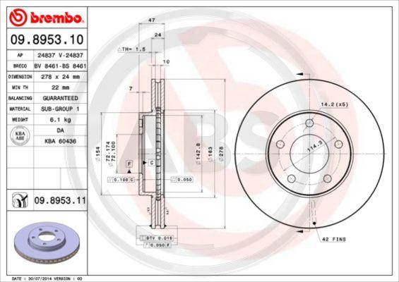 A.B.S. 09.8953.11 - Тормозной диск autospares.lv