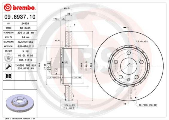 A.B.S. 09.8937.11 - Тормозной диск autospares.lv