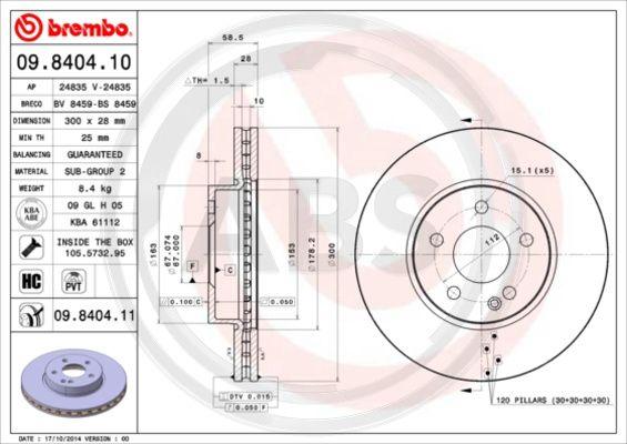 A.B.S. 09.8404.10 - Тормозной диск autospares.lv