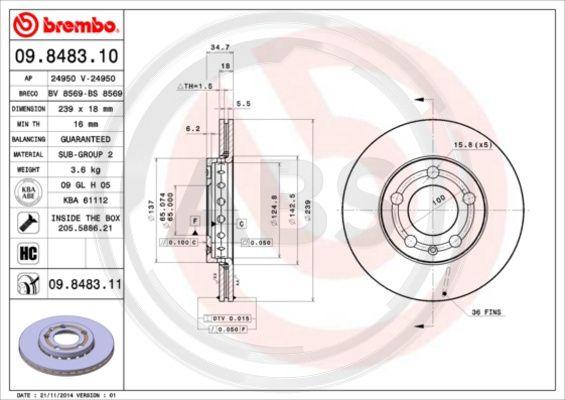 A.B.S. 09.8483.11 - Тормозной диск autospares.lv