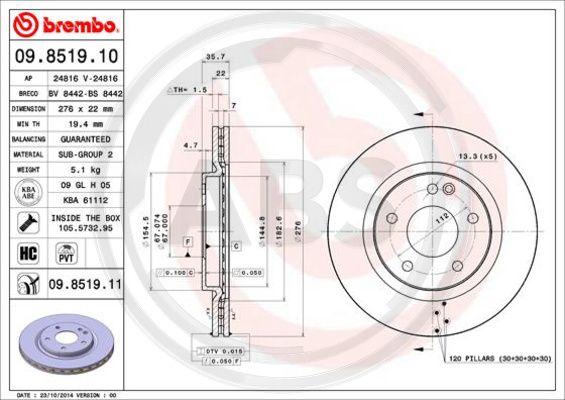 A.B.S. 09.8519.11 - Тормозной диск autospares.lv