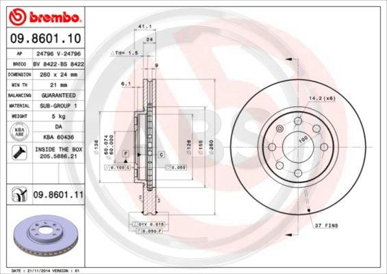 A.B.S. 09.8601.11 - Тормозной диск autospares.lv