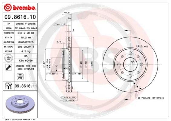 A.B.S. 09.8616.11 - Тормозной диск autospares.lv