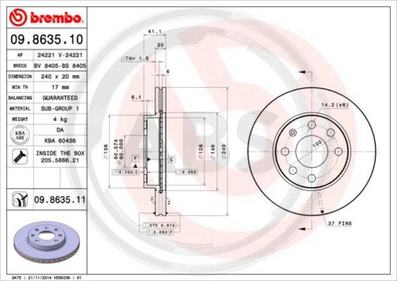 A.B.S. 09.8635.10 - Тормозной диск autospares.lv