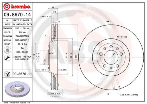 A.B.S. 09.8670.11 - Тормозной диск autospares.lv