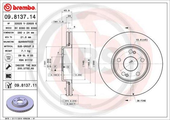 A.B.S. 09.8137.11 - Тормозной диск autospares.lv