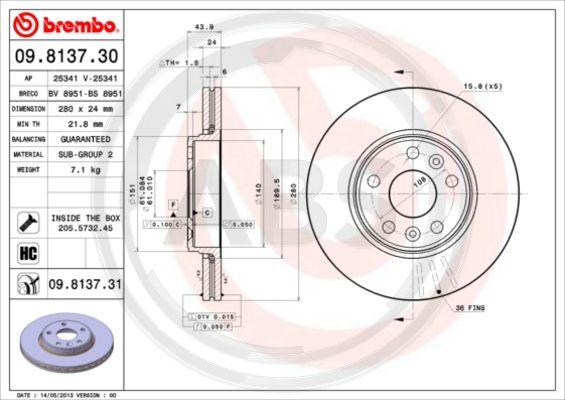 A.B.S. 09.8137.31 - Тормозной диск autospares.lv