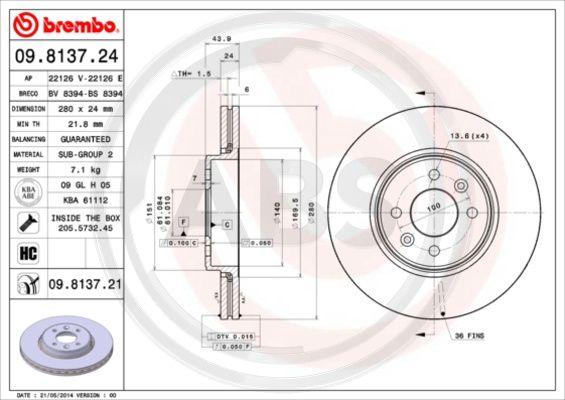 A.B.S. 09.8137.21 - Тормозной диск autospares.lv