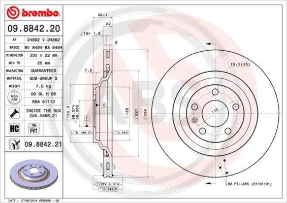 A.B.S. 09.8842.21 - Тормозной диск autospares.lv