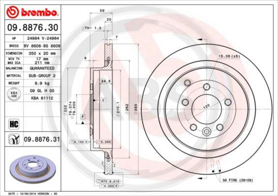 A.B.S. 09.8876.31 - Тормозной диск autospares.lv