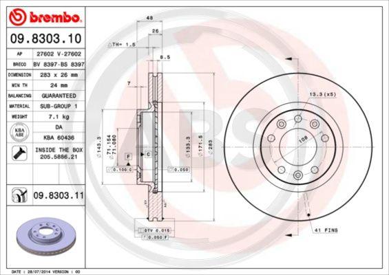 A.B.S. 09.8303.11 - Тормозной диск autospares.lv