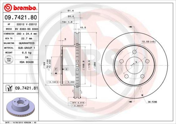 A.B.S. 09.7421.81 - Тормозной диск autospares.lv