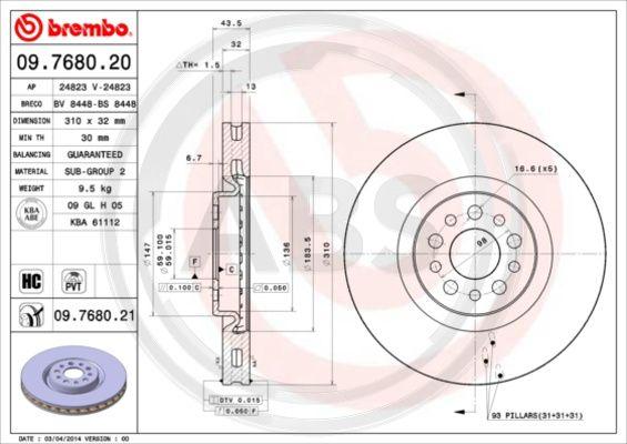 A.B.S. 09.7680.21 - Тормозной диск autospares.lv