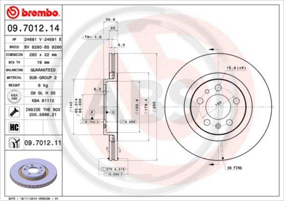 A.B.S. 09.7012.11 - Тормозной диск autospares.lv