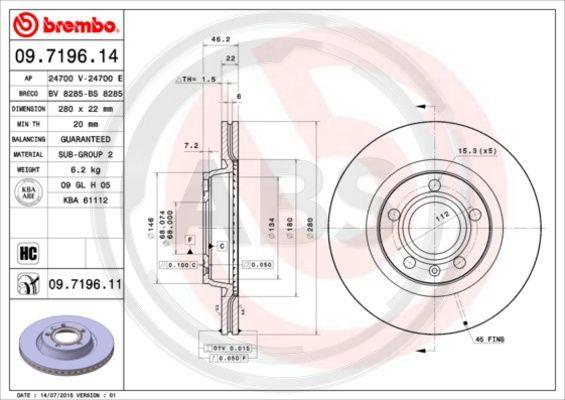 A.B.S. 09.7196.11 - Тормозной диск autospares.lv