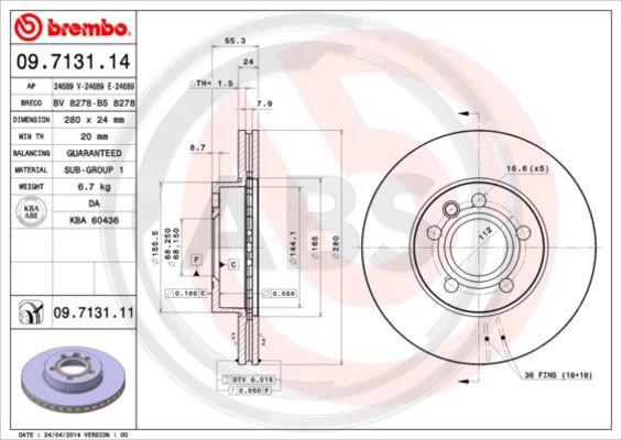 A.B.S. 09.7131.11 - Тормозной диск autospares.lv