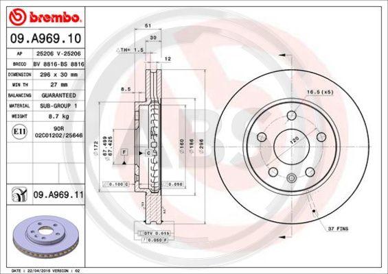 A.B.S. 09.A969.11 - Тормозной диск autospares.lv