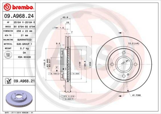 A.B.S. 09.A968.21 - Тормозной диск autospares.lv