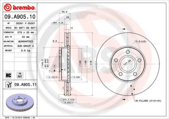 A.B.S. 09.A905.11 - Тормозной диск autospares.lv