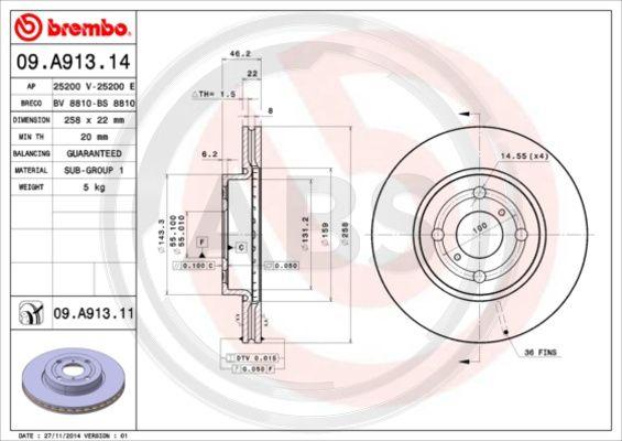 A.B.S. 09.A913.11 - Тормозной диск autospares.lv