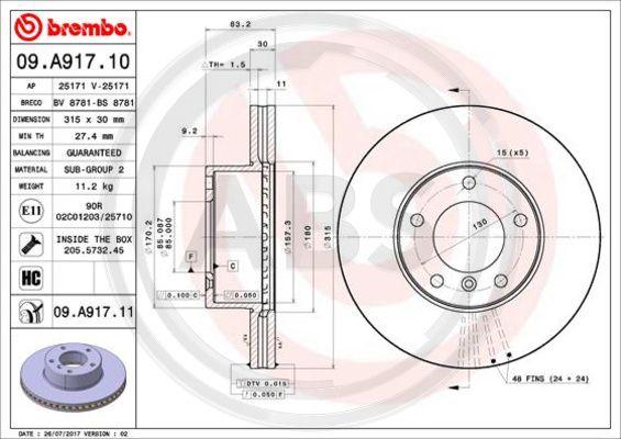 A.B.S. 09.A917.11 - Тормозной диск autospares.lv