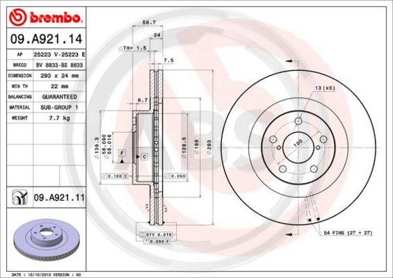 A.B.S. 09.A921.11 - Тормозной диск autospares.lv
