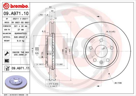 A.B.S. 09.A971.11 - Тормозной диск autospares.lv