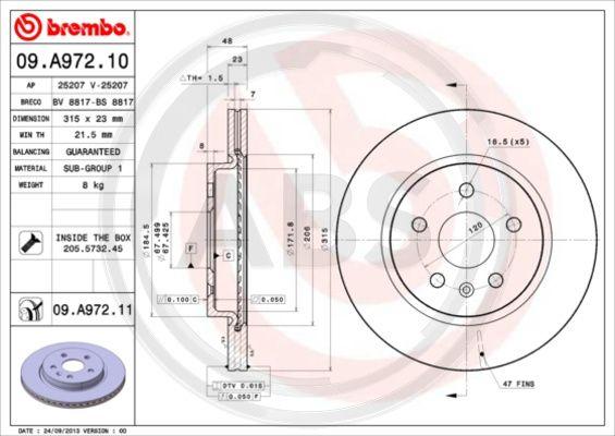 A.B.S. 09.A972.11 - Тормозной диск autospares.lv