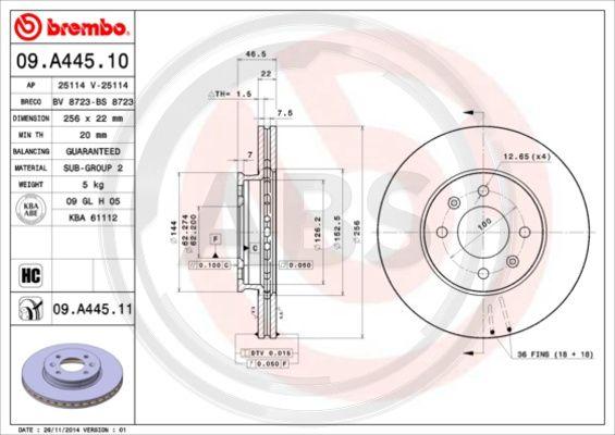 A.B.S. 09.A445.11 - Тормозной диск autospares.lv