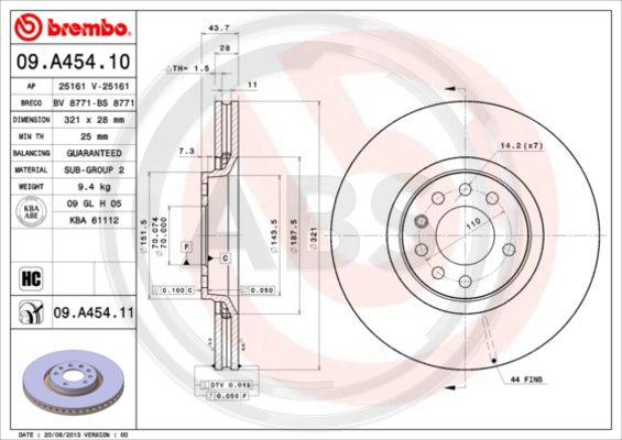 A.B.S. 09.A454.11 - Тормозной диск autospares.lv