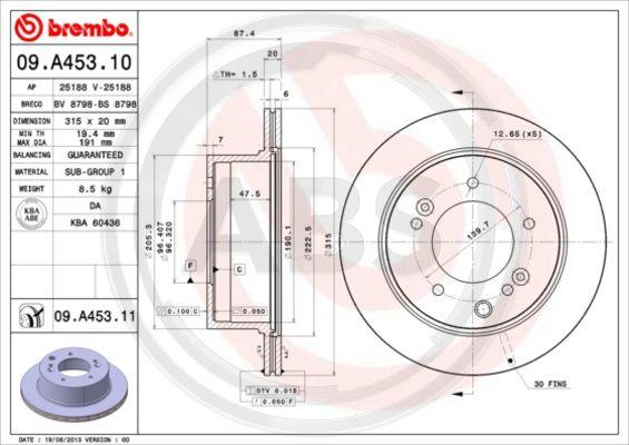 A.B.S. 09.A453.11 - Тормозной диск autospares.lv