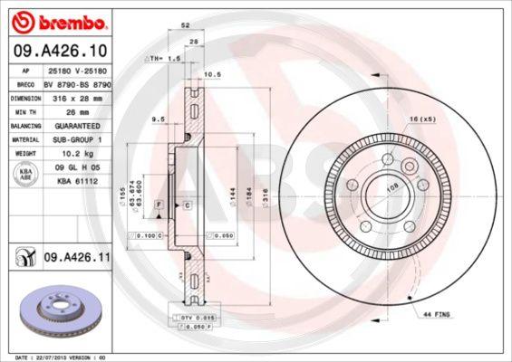 A.B.S. 09.A426.11 - Тормозной диск autospares.lv