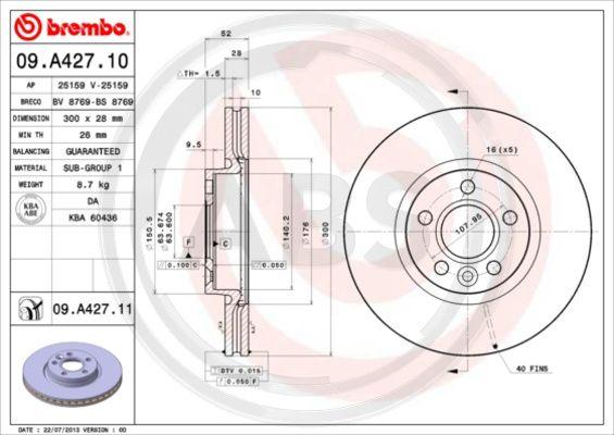 A.B.S. 09.A427.11 - Тормозной диск autospares.lv