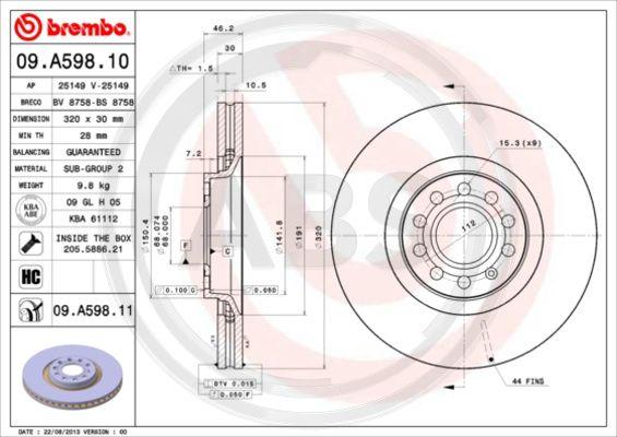 A.B.S. 09.A598.11 - Тормозной диск autospares.lv