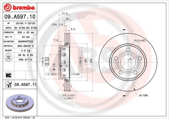 A.B.S. 09.A597.11 - Тормозной диск autospares.lv