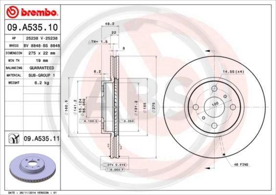 A.B.S. 09.A535.11 - Тормозной диск autospares.lv