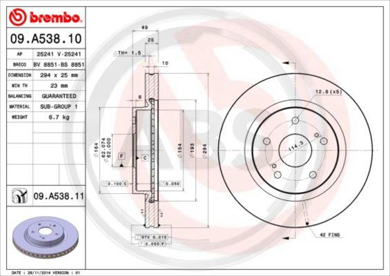 A.B.S. 09.A538.10 - Тормозной диск autospares.lv