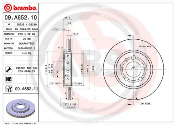 A.B.S. 09.A652.11 - Тормозной диск autospares.lv