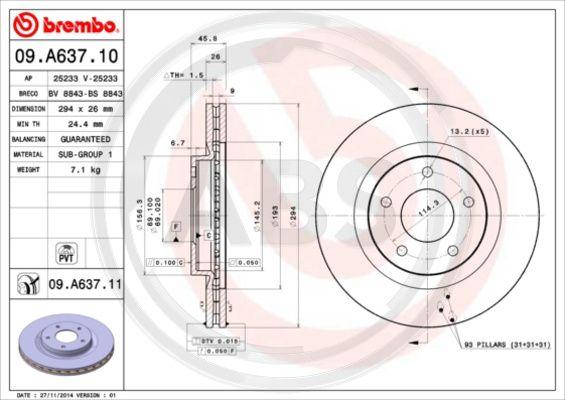 A.B.S. 09.A637.11 - Тормозной диск autospares.lv