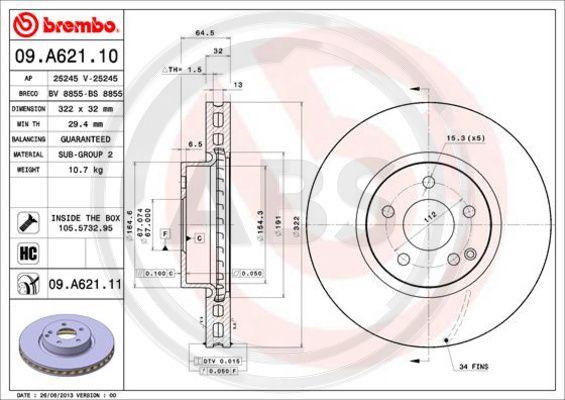 A.B.S. 09.A621.11 - Тормозной диск autospares.lv