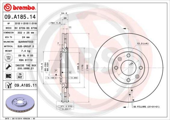 A.B.S. 09.A185.11 - Тормозной диск autospares.lv