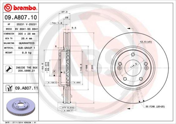 A.B.S. 09.A807.11 - Тормозной диск autospares.lv