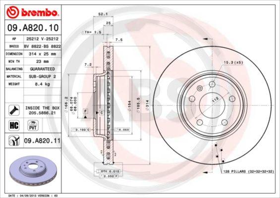 A.B.S. 09.A820.11 - Тормозной диск autospares.lv