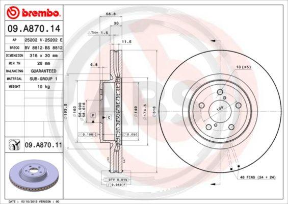 A.B.S. 09.A870.11 - Тормозной диск autospares.lv