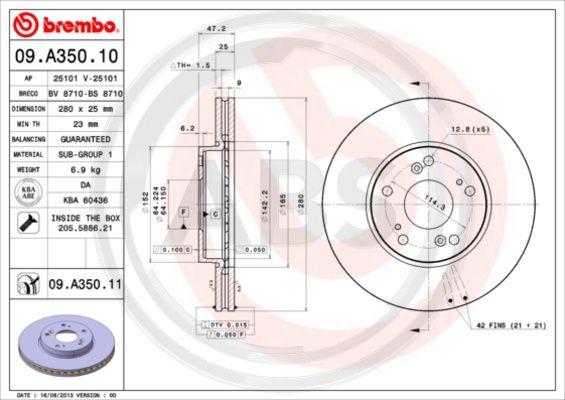 A.B.S. 09.A350.11 - Тормозной диск autospares.lv