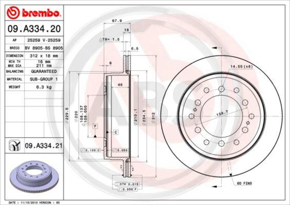 A.B.S. 09.A334.21 - Тормозной диск autospares.lv