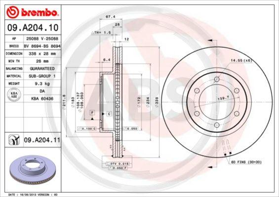 A.B.S. 09.A204.11 - Тормозной диск autospares.lv