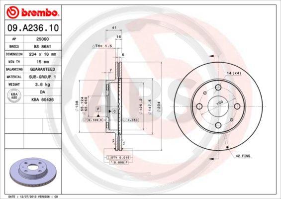 A.B.S. 09.A236.11 - Тормозной диск autospares.lv