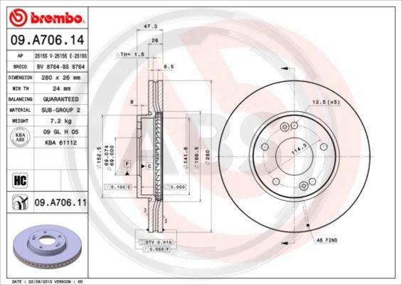 A.B.S. 09.A706.11 - Тормозной диск autospares.lv